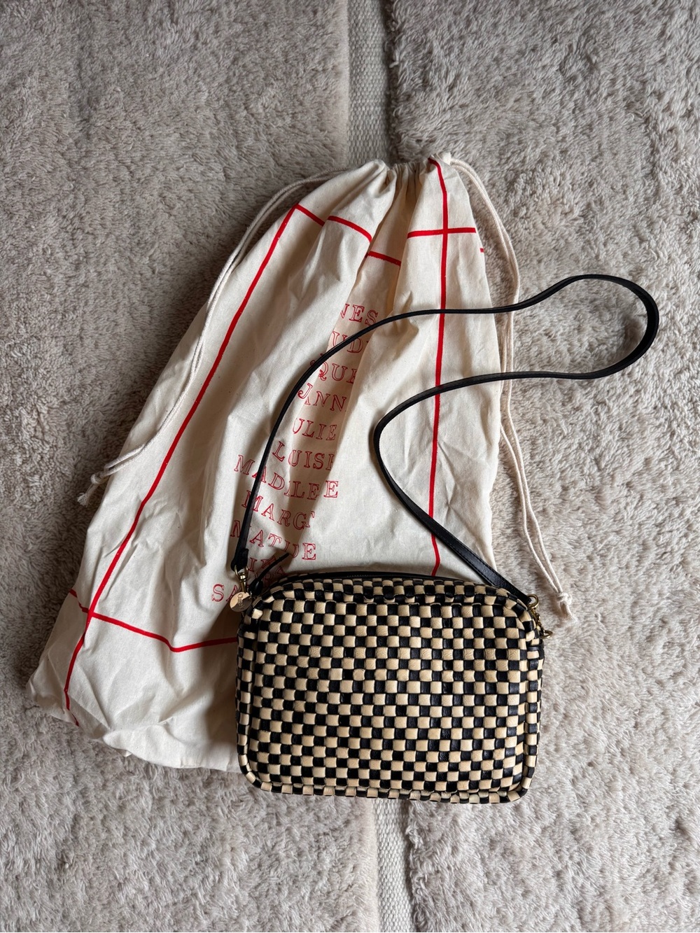 Clare V Marisol Woven Checker Crossbody Bag in Black and Cream